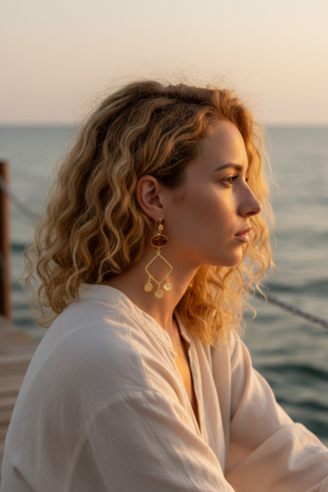 Kehribar Taşlı Gümüş Üzeri Altın Kaplama Küpe