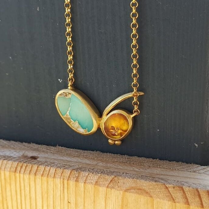 Turkuaz ve Kehribar Taşlı Gümüş Kolye - Altın Kaplama