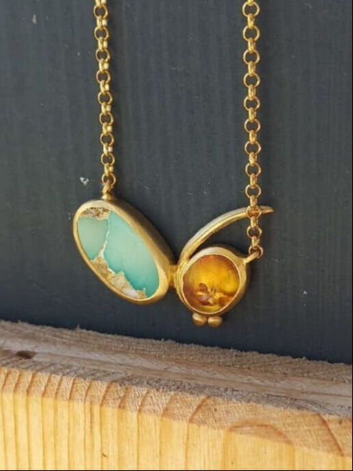 Turkuaz ve Kehribar Mimoza Kolye