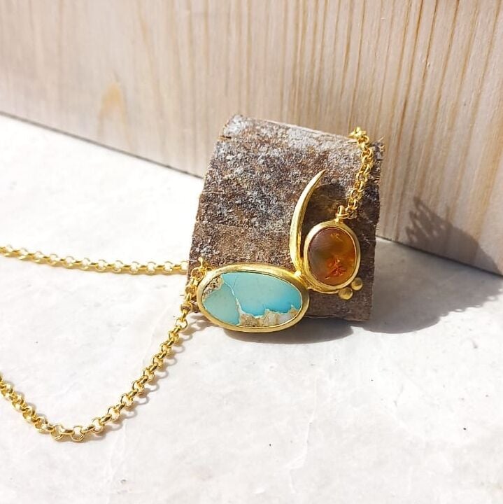 Turkuaz ve Kehribar Taşlı Gümüş Kolye - Altın Kaplama