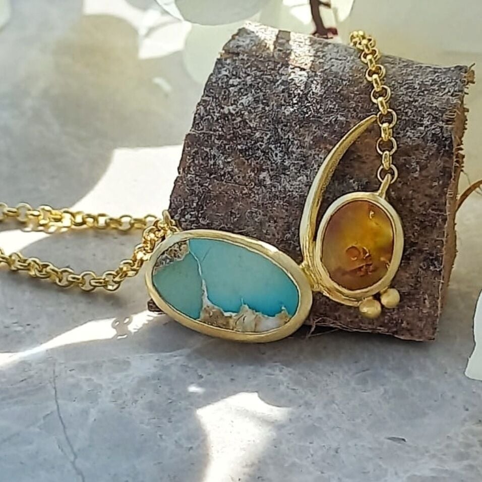 Turkuaz ve Kehribar Taşlı Gümüş Kolye - Altın Kaplama