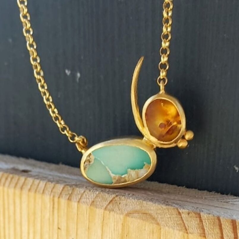 Turkuaz ve Kehribar Taşlı Gümüş Kolye - Altın Kaplama