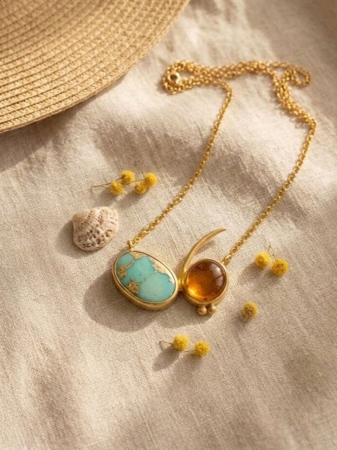 Turkuaz ve Kehribar Mimoza Kolye