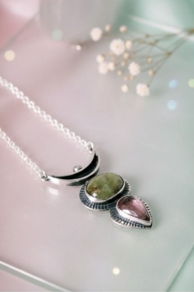 Turmaline ve Vasonite Taşlı Gümüş Kybele Kolye