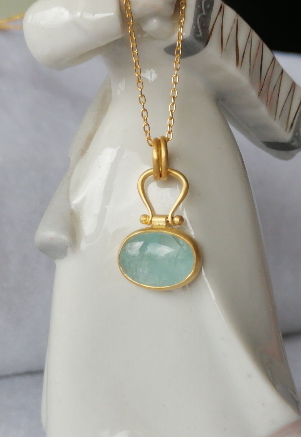 Oval Aquamarine Gümüş Kolye I Altın kaplama