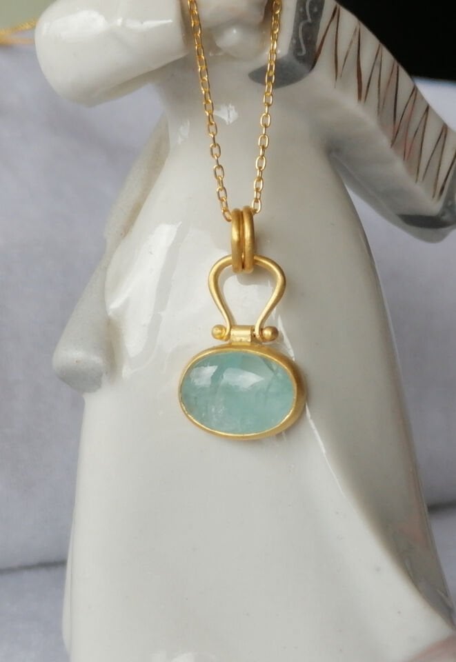 Oval Aquamarine Gümüş Kolye I Altın kaplama