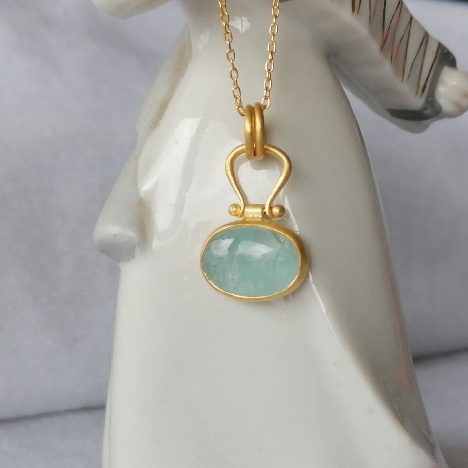 Oval Aquamarine Gümüş Kolye I Altın kaplama