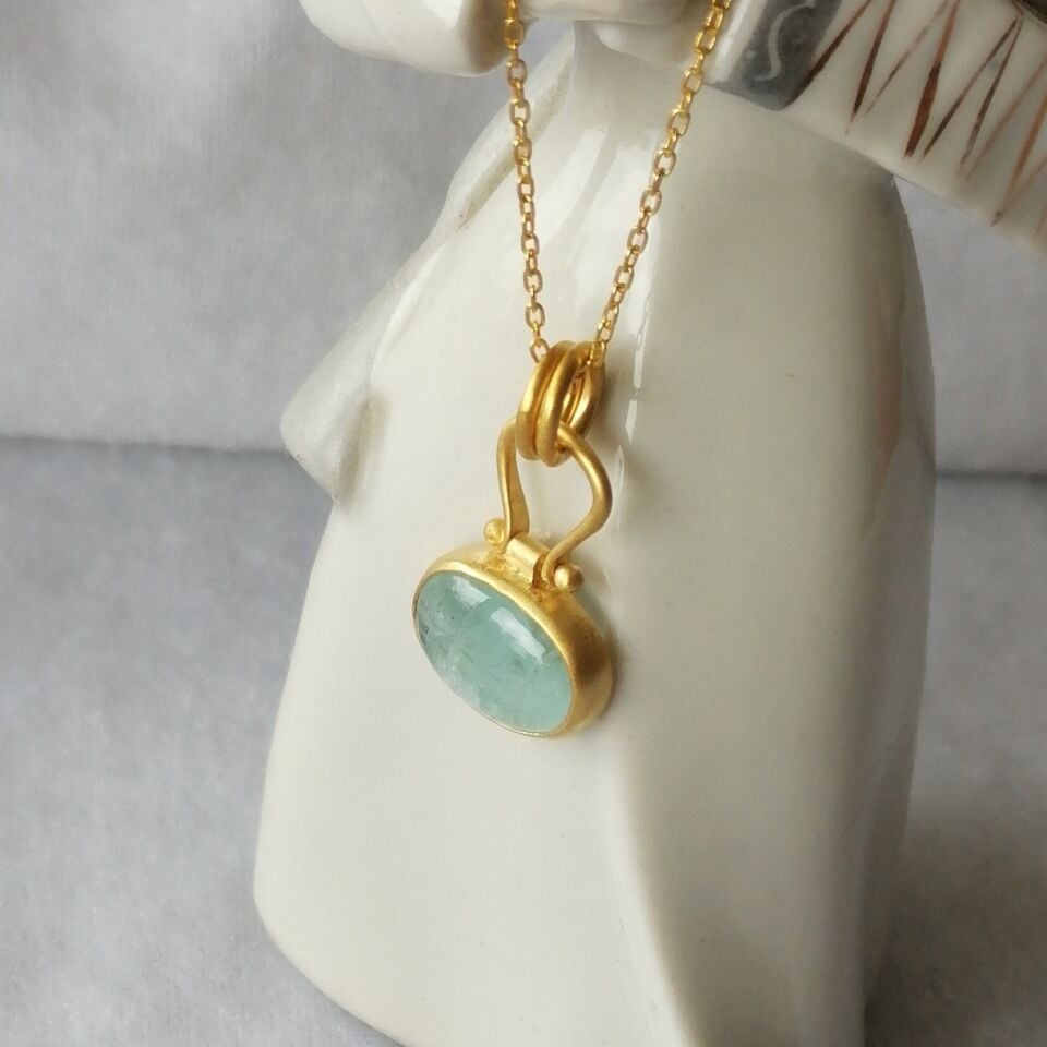 Oval Aquamarine Gümüş Kolye I Altın kaplama