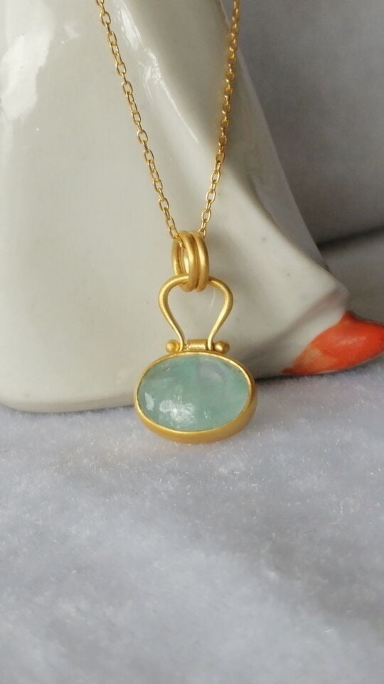 Oval Aquamarine Gümüş Kolye I Altın kaplama