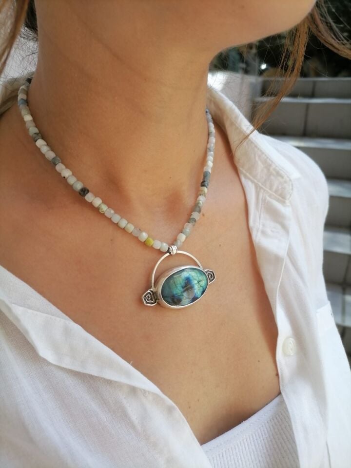 Aquamarine Dizide Labradorite Taşlı Aries Gümüş Kolye