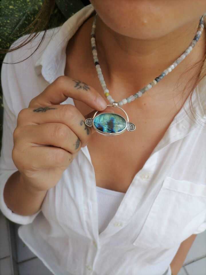 Aquamarine Dizide Labradorite Taşlı Aries Gümüş Kolye