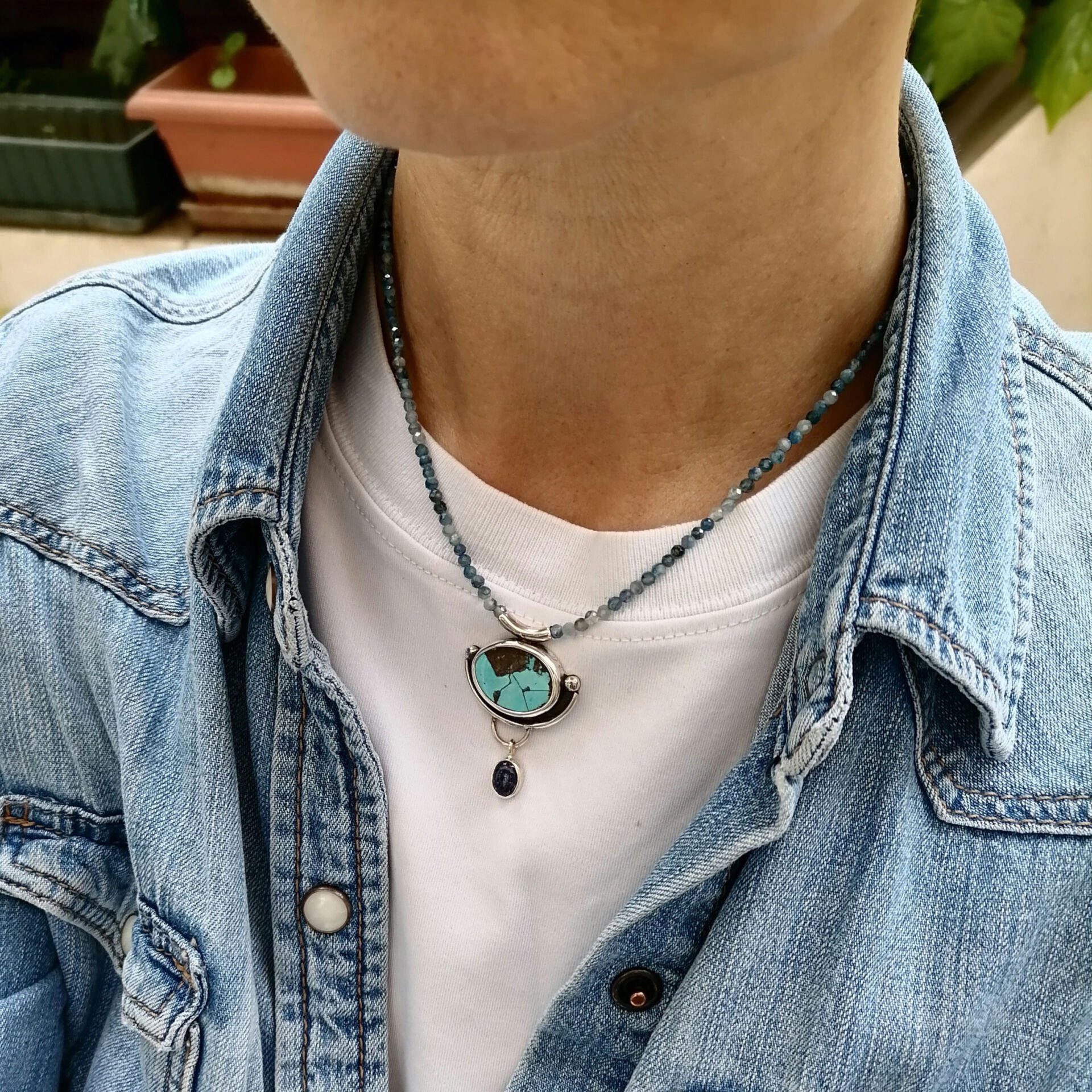 Kyanite Dizide Turkuaz ve Lapis Taşlı Gümüş Kolye