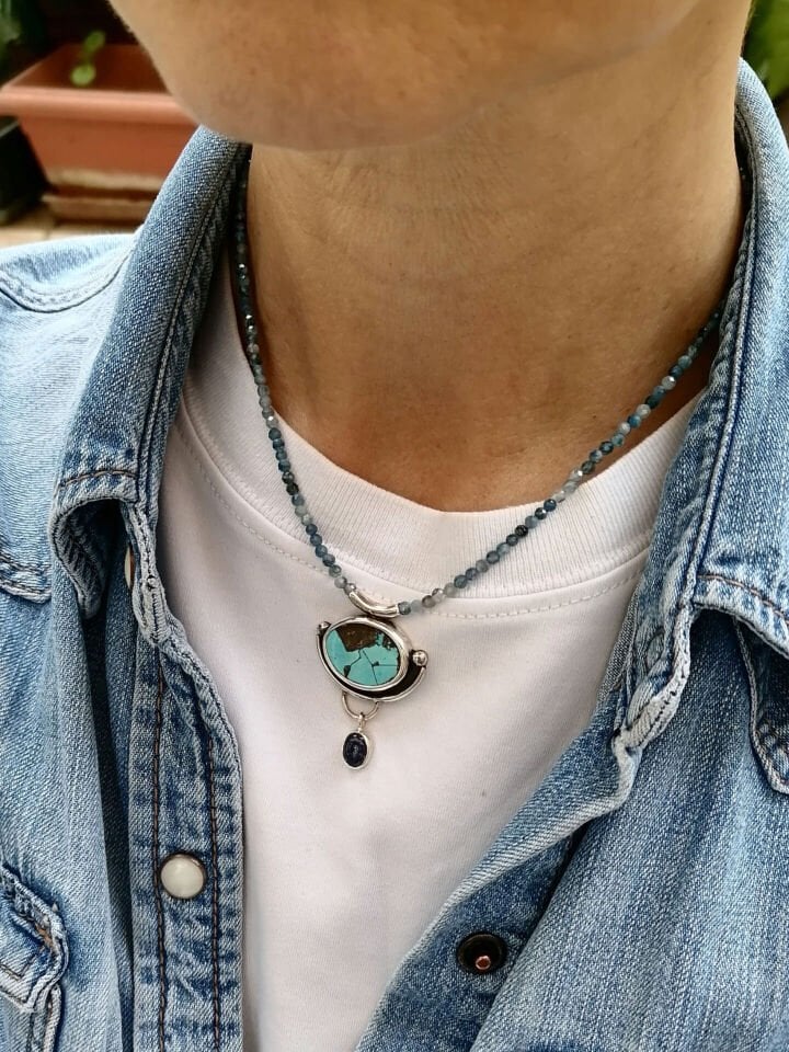 Kyanite Dizide Turkuaz ve Lapis Taşlı Gümüş Kolye