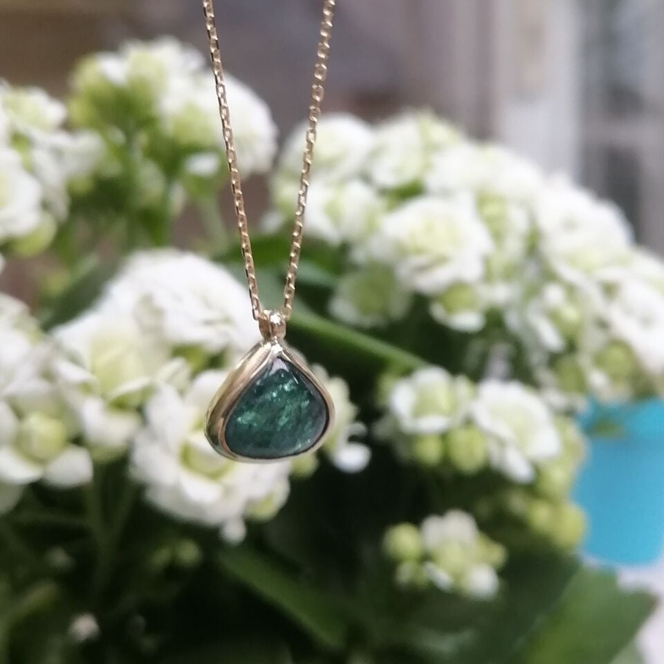 Yeşil Turmaline Taşlı  Altın Kolye