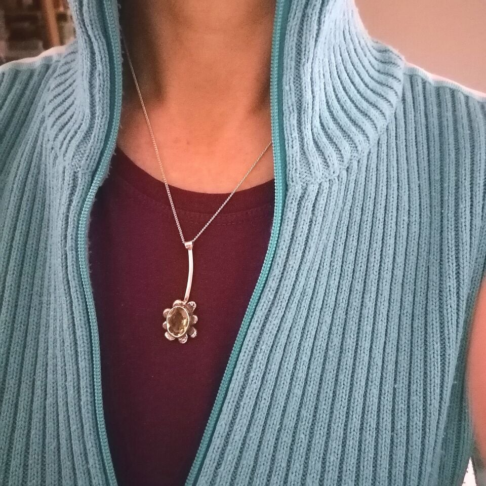 Citrine Taşlı Papatya Gümüş Kolye