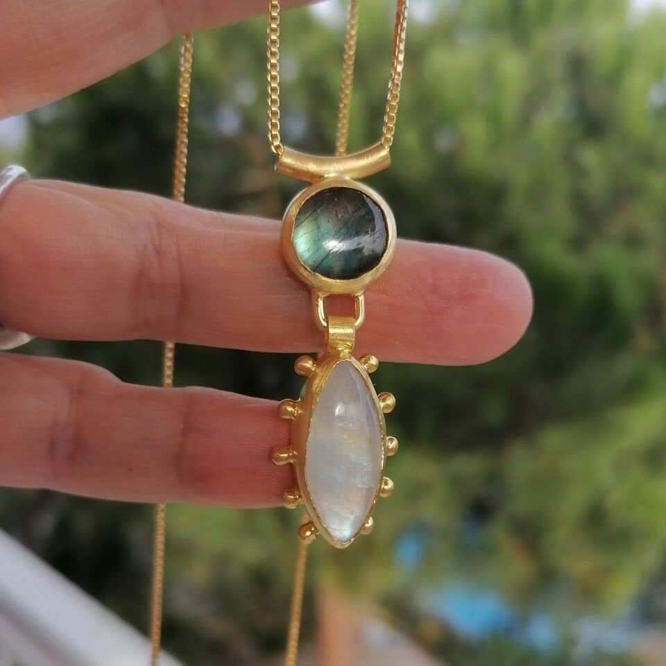 Labradorite ve Ay Taşlı Benekli Gümüş Kolye Altın Kaplama