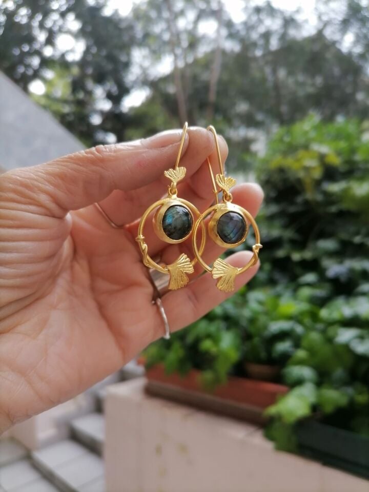 Labradorite Taşlı Ginkgo Detaylı Gümüş Küpe Altın Kaplama