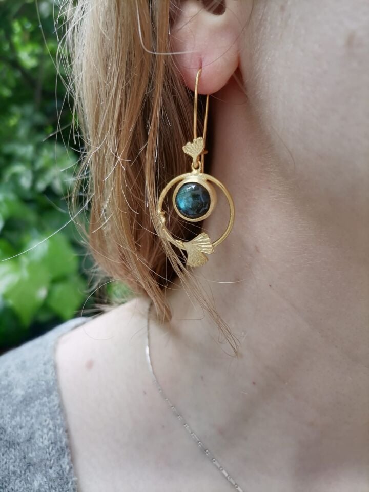 Labradorite Taşlı Ginkgo Detaylı Gümüş Küpe Altın Kaplama