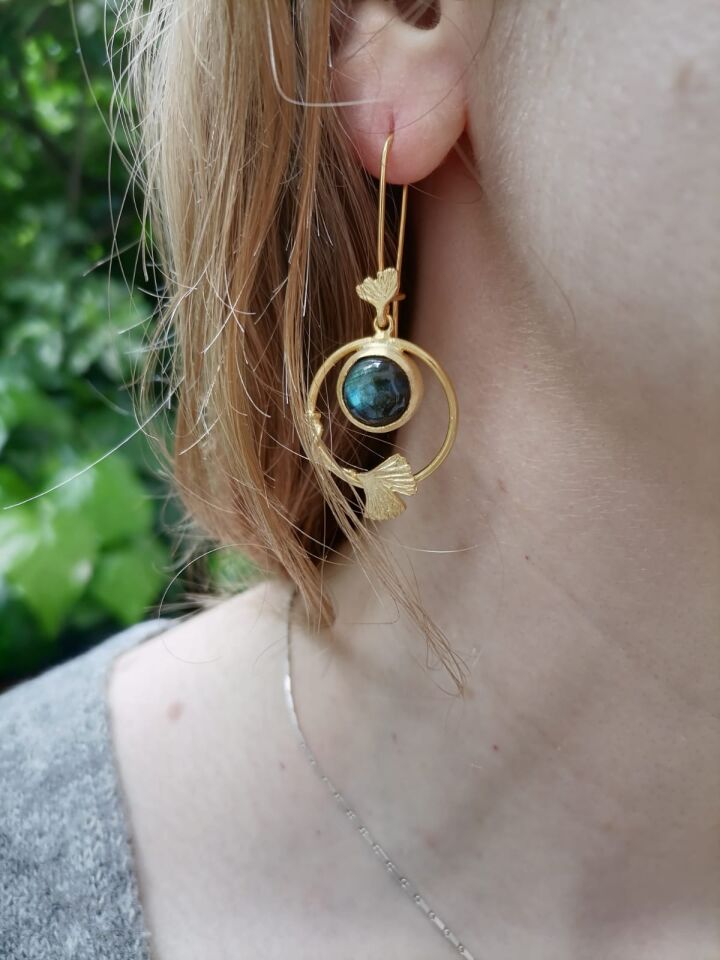 Labradorite Taşlı Ginkgo Detaylı Küpe