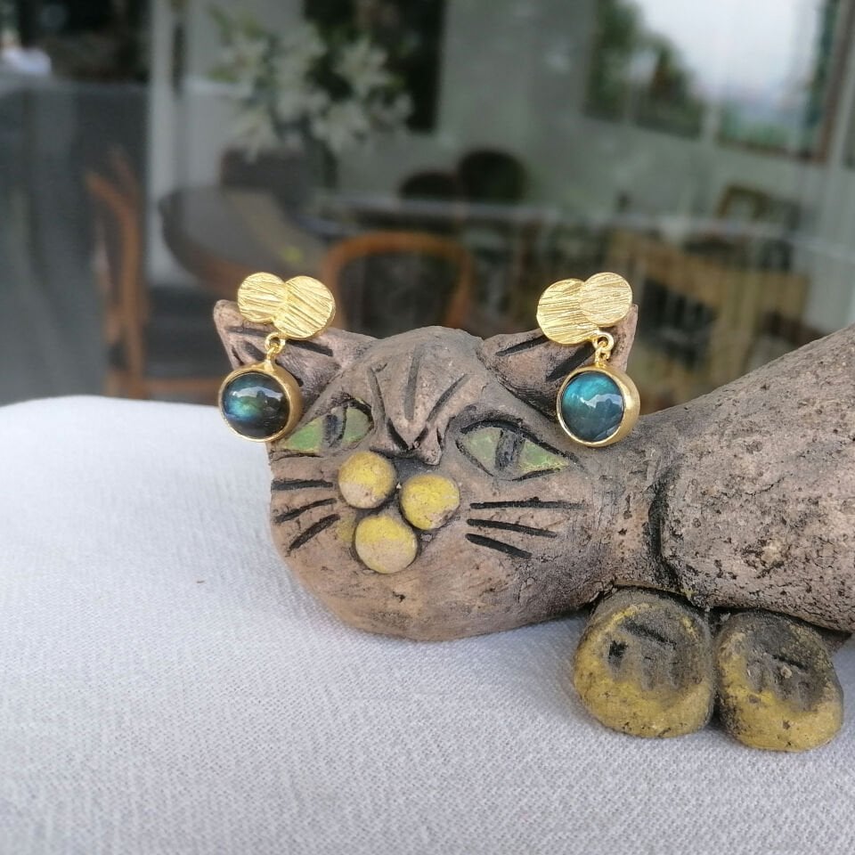 Labradorite Taşlı Pimli Gümüş Küpe Altın Kaplama