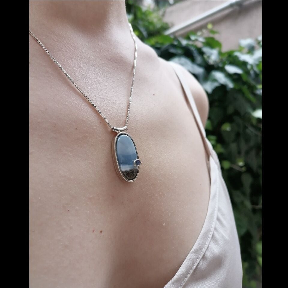 Manzara Akik ve Lapis Taşlı Gümüş Ada Kolye