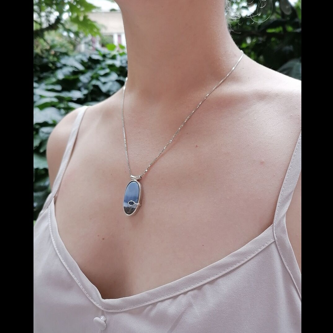 Manzara Akik ve Lapis Taşlı Gümüş Ada Kolye