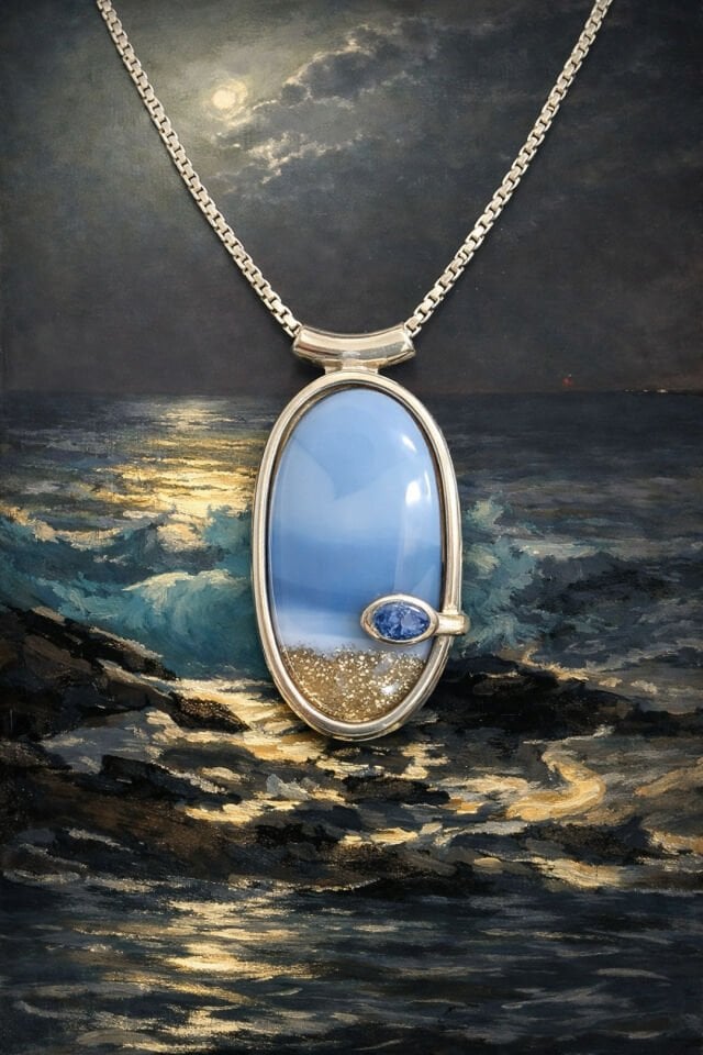 Ada kolye manzara akik ve lapis lazuli kullanılarak üretildi. 