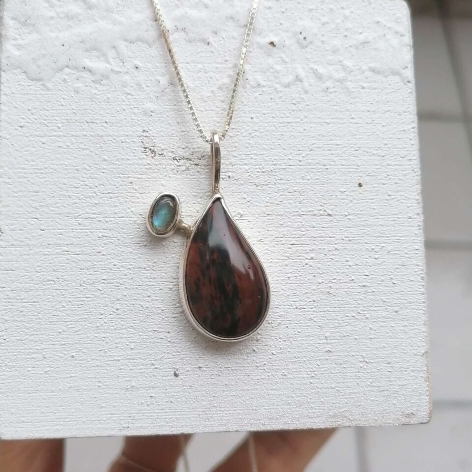 Damla Mahogany Obsidian ve Labradorite Taşlı Gümüş Kolye
