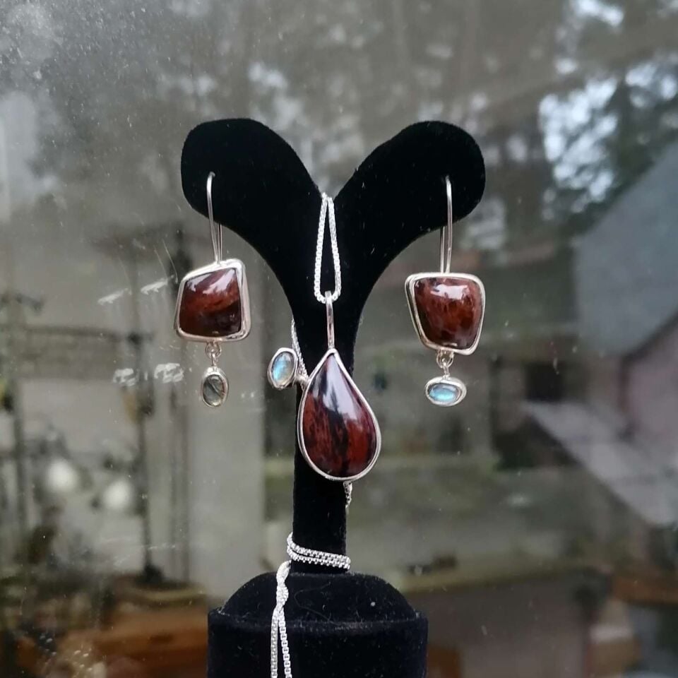 Damla Mahogany Obsidian ve Labradorite Taşlı Gümüş Kolye