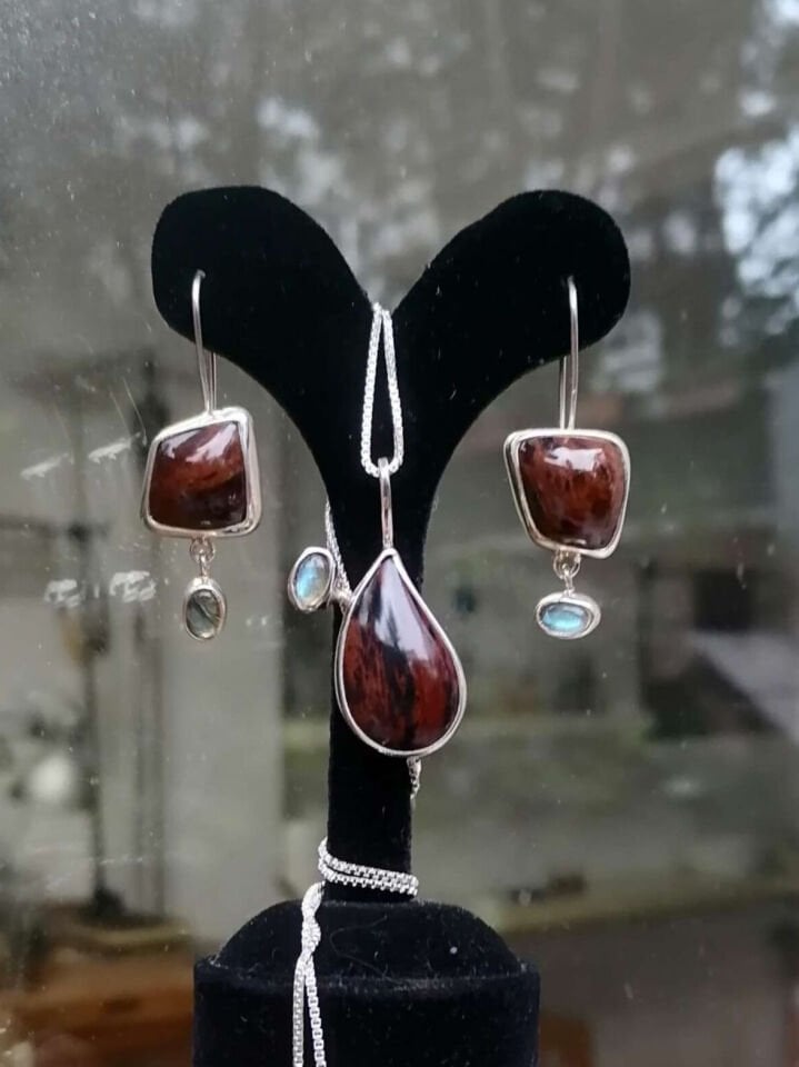 Damla Mahogany Obsidian ve Labradorite Taşlı Gümüş Kolye
