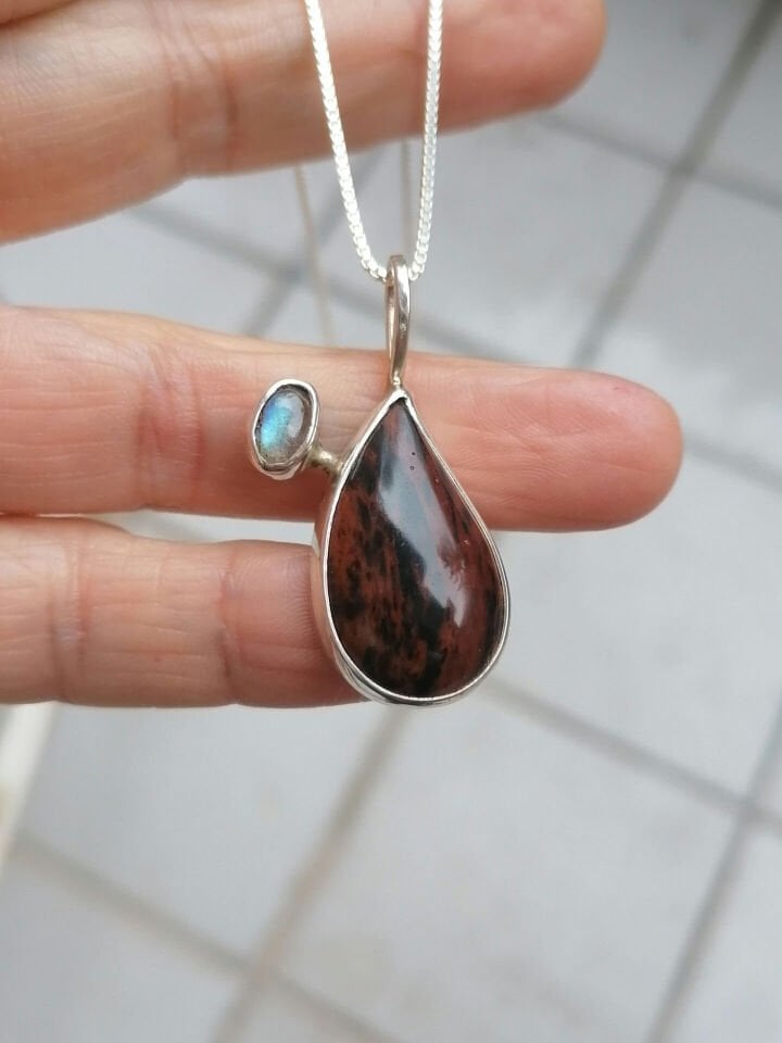 Damla Mahogany Obsidian ve Labradorite Taşlı Gümüş Kolye