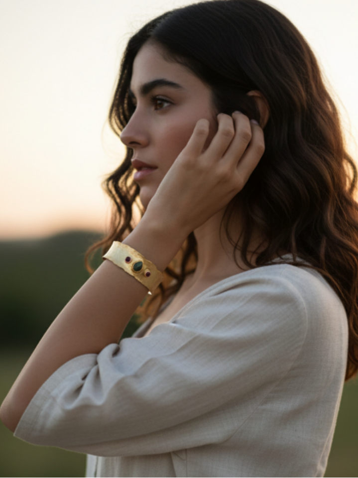 Üç Turmalin Taşlı Çekiç Dövme Gümüş Bilezik