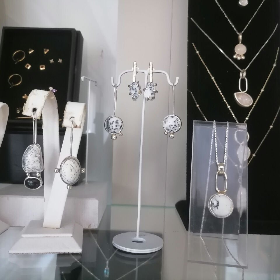 Dentritic Opal ve Onix Taşlı Gümüş Küpe