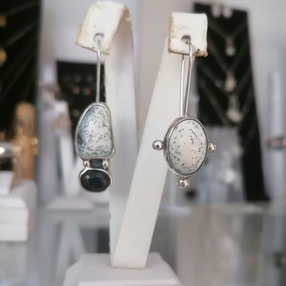 Dentritic Opal ve Onix Taşlı Gümüş Küpe