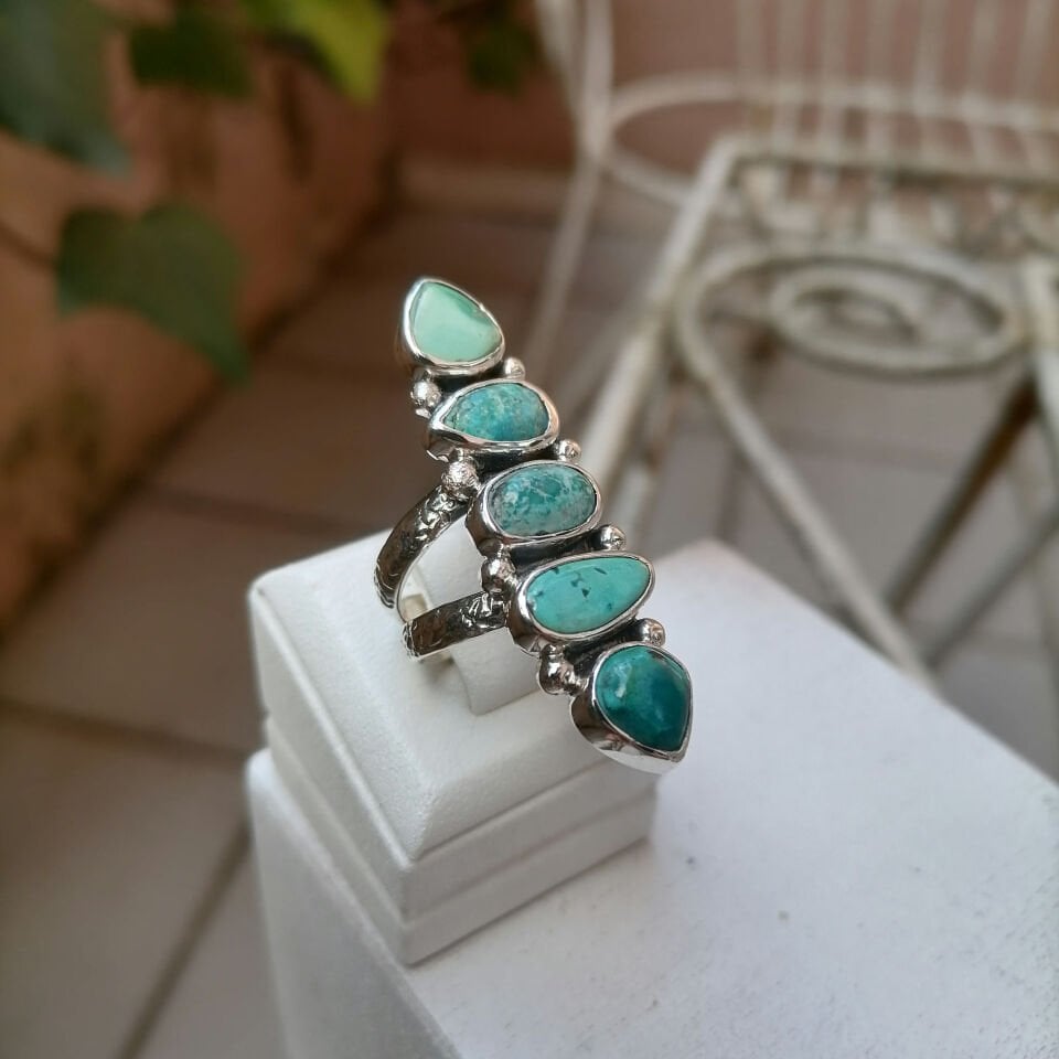 Beş Turkuaz Taşlı Gümüş Yüzük