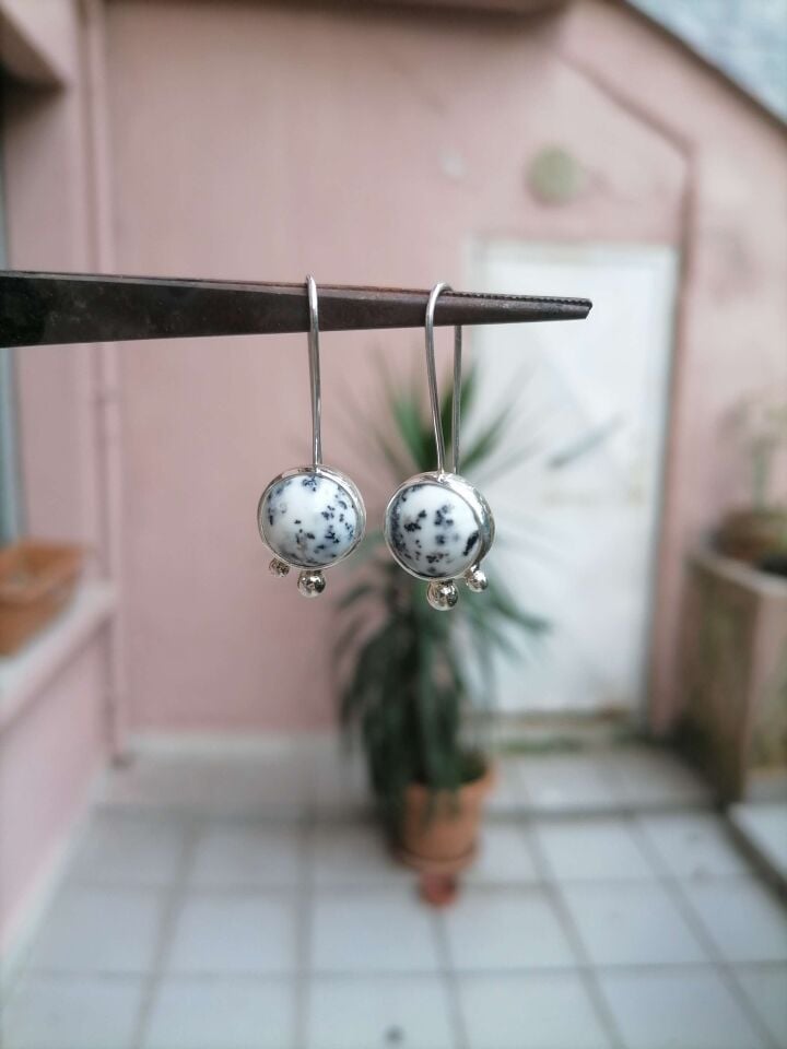 Dentritic Opal Çift Benek Gümüş Küpe