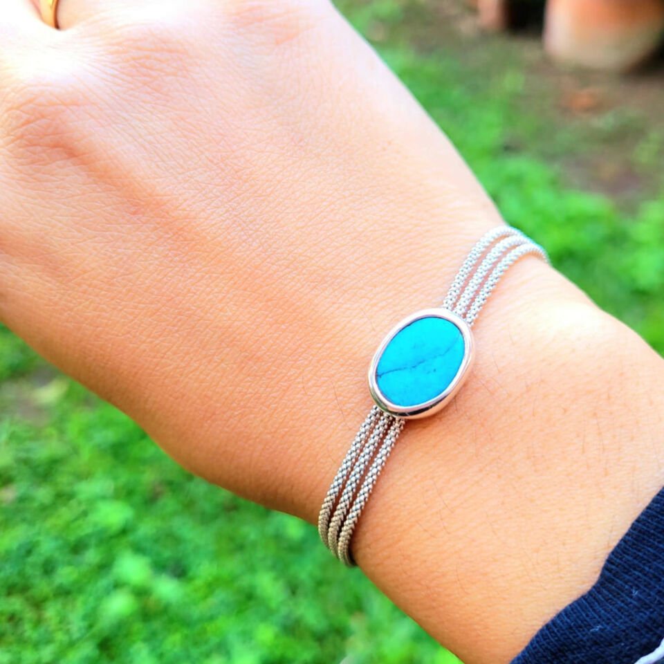Turkuaz Taşlı Gümüş Zincir Bileklik
