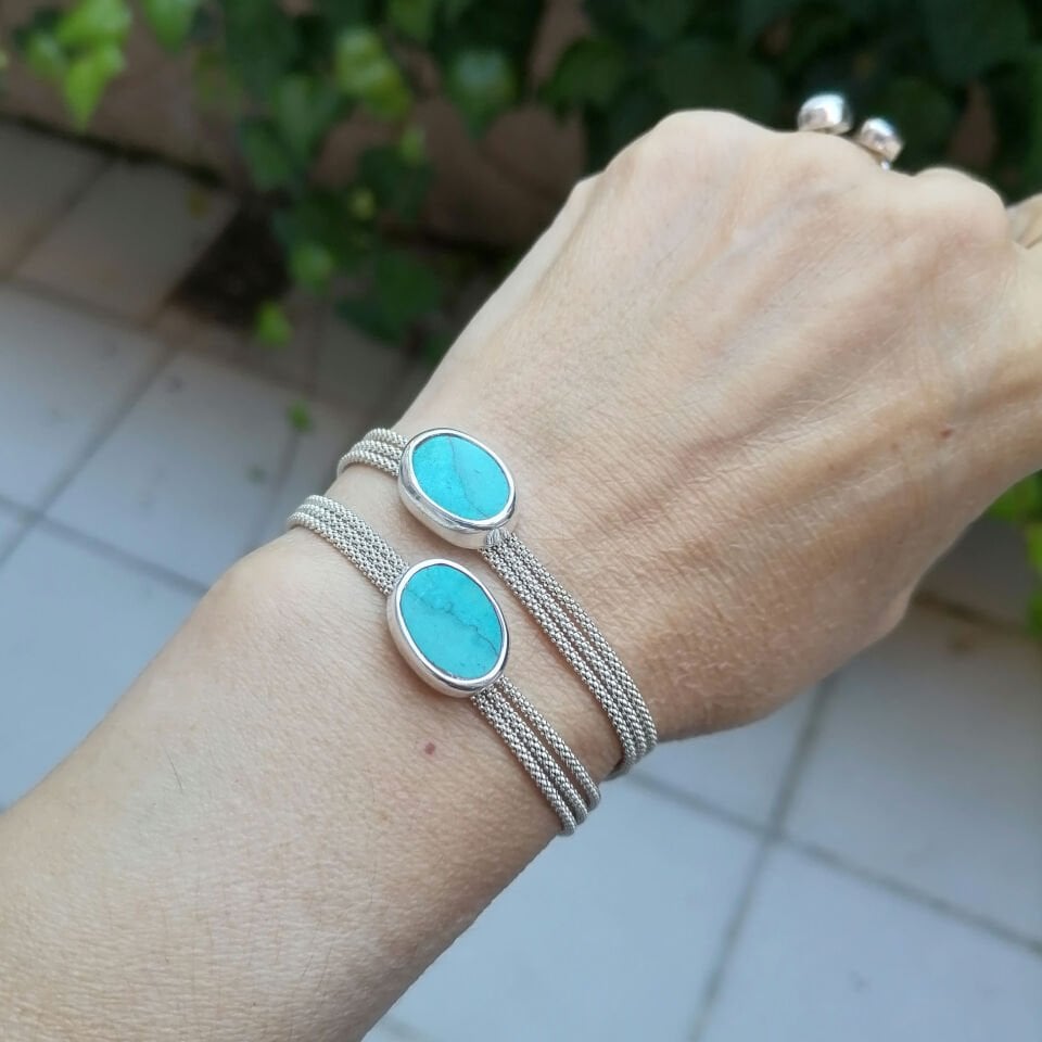 Turkuaz Taşlı Gümüş Zincir Bileklik