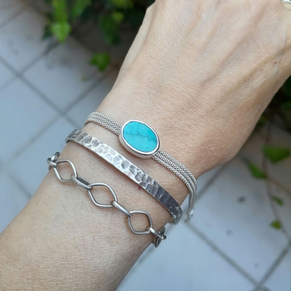 Turkuaz Taşlı Gümüş Zincir Bileklik