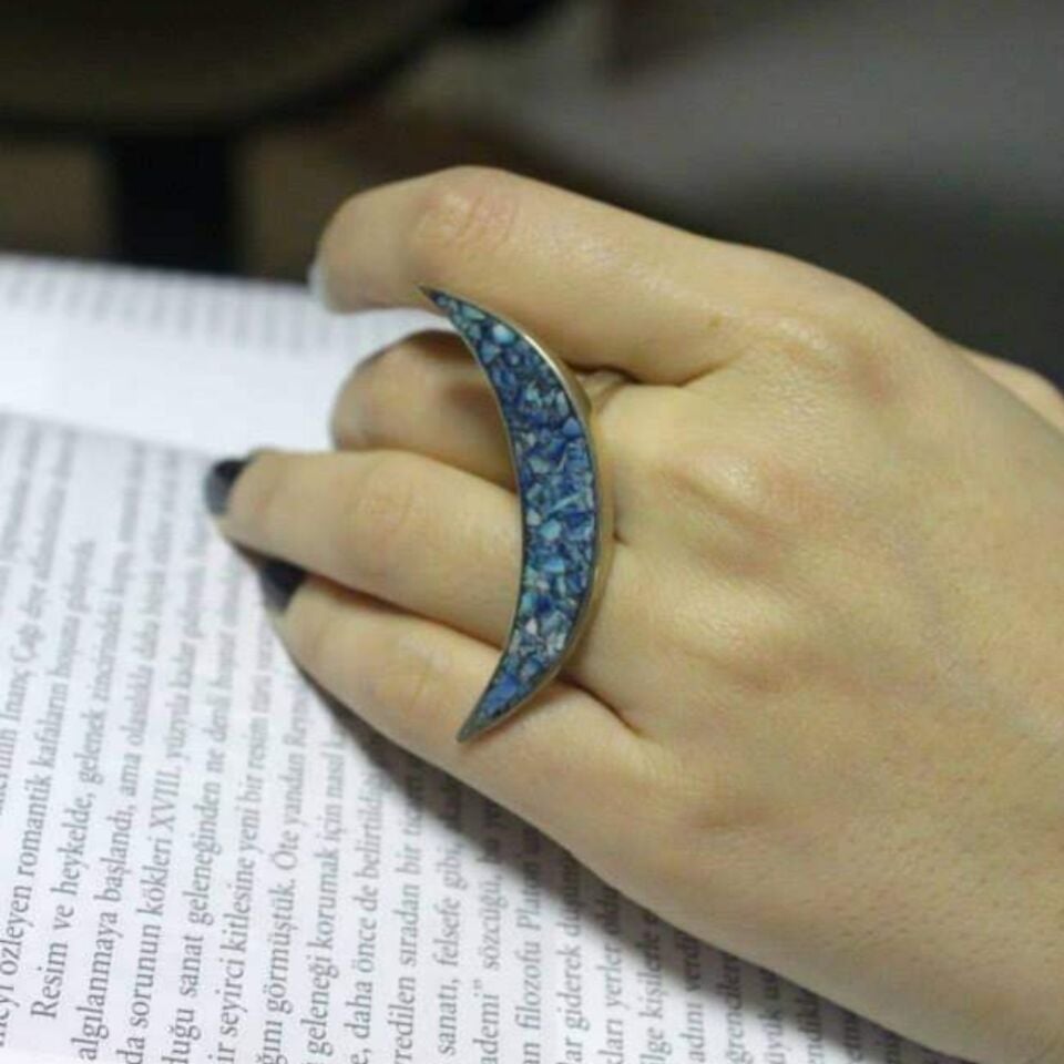 Gümüş Ay Turkuaz Taşlı Mozaik Yüzük