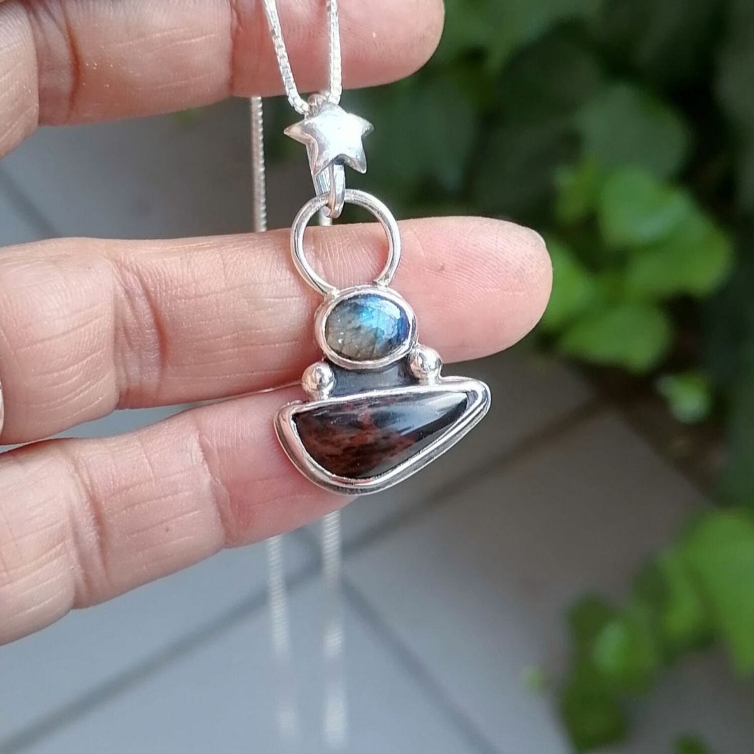 Mahogany Obsidian ve Labradorite Taşlı Gümüş Kolye