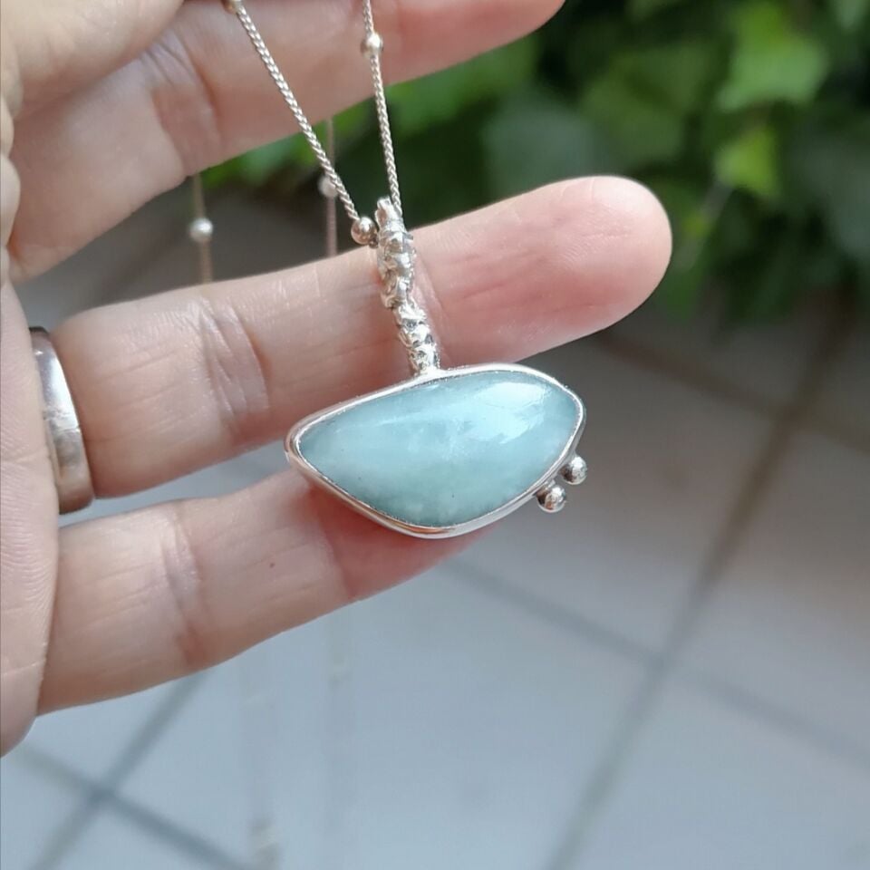 Çift Benek Aquamarine Taşlı Gümüş Kolye