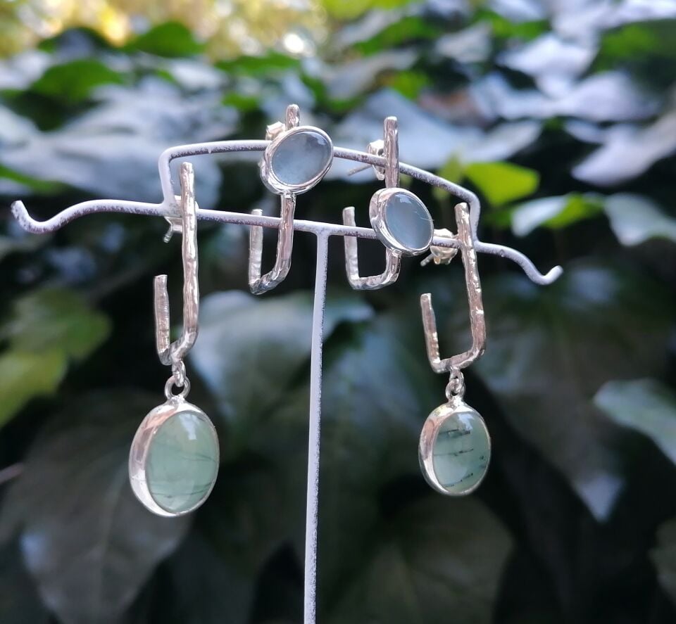 Aquamarine Taşlı Dörtgen Gümüş Küpe