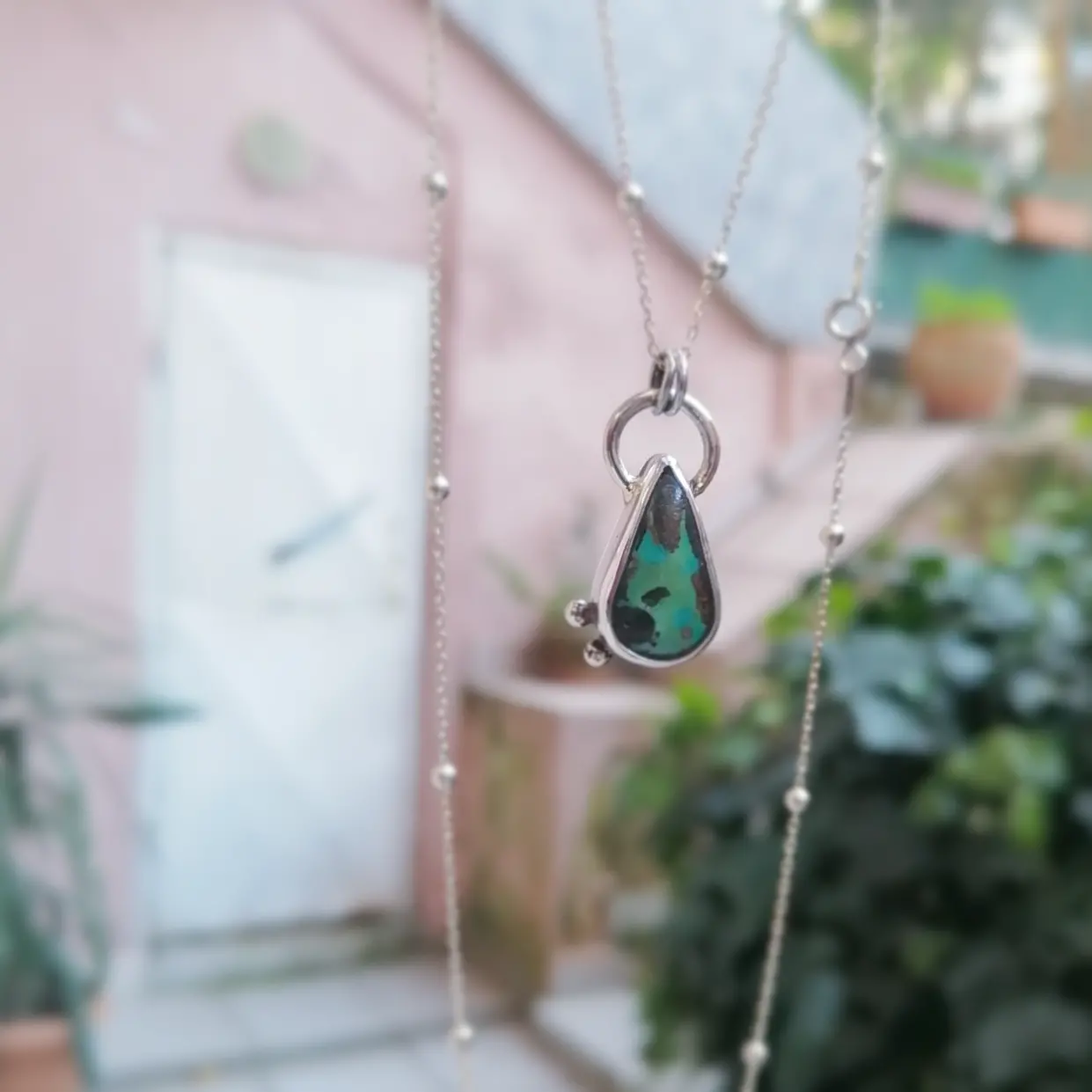 Yeşil Turkuaz Taşlı Gümüş Kolye