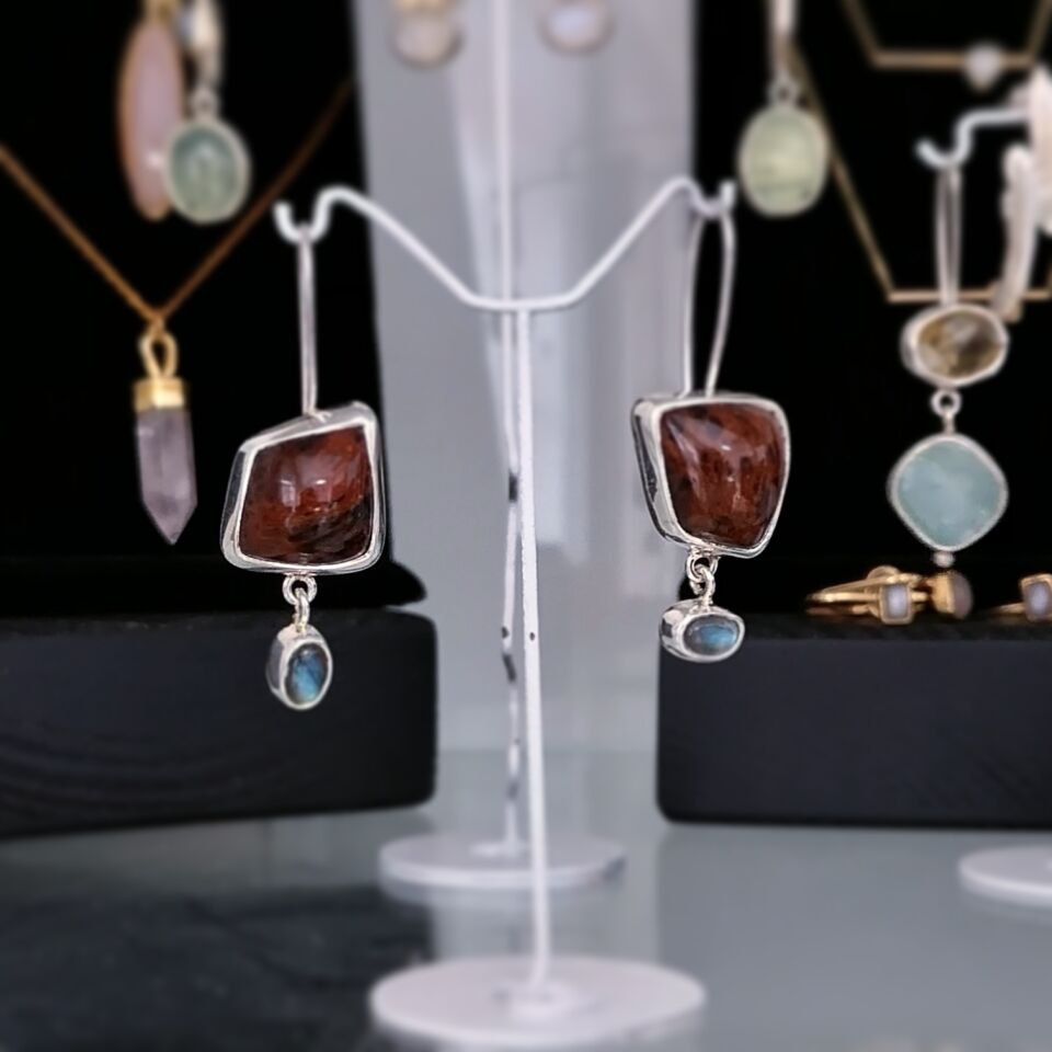 Mahogany Obsidyen ve Labradorit El Yapımı Küpe