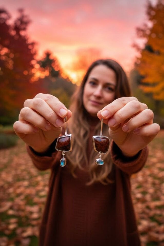 Mahogany Obsidyen ve Labradorit taşlı el yapımı küpe, sonbahar temalı takı çekimi.