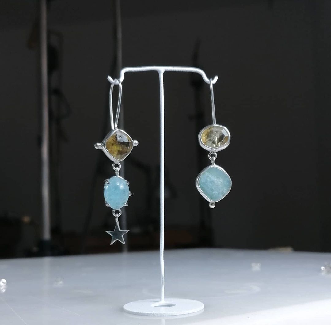 Aquamarine ve Citrine Taşlı Gümüş Küpe