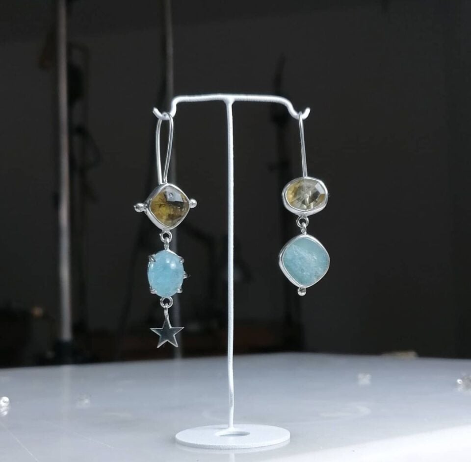 Aquamarine ve Citrine Taşlı Gümüş Küpe
