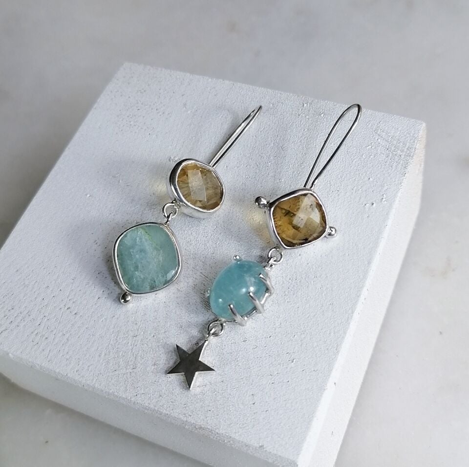 Aquamarine ve Citrine Taşlı Gümüş Küpe