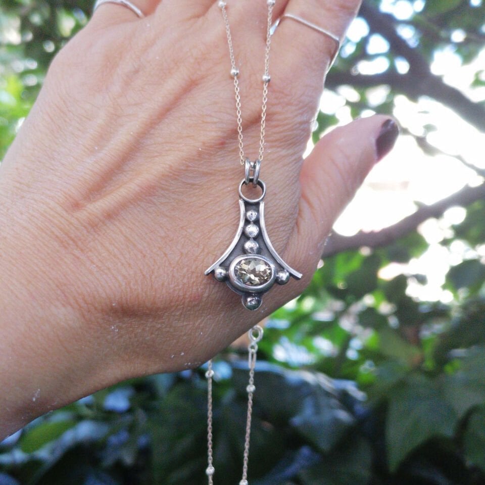 Citrine Taşlı Art Deco Gümüş Kolye